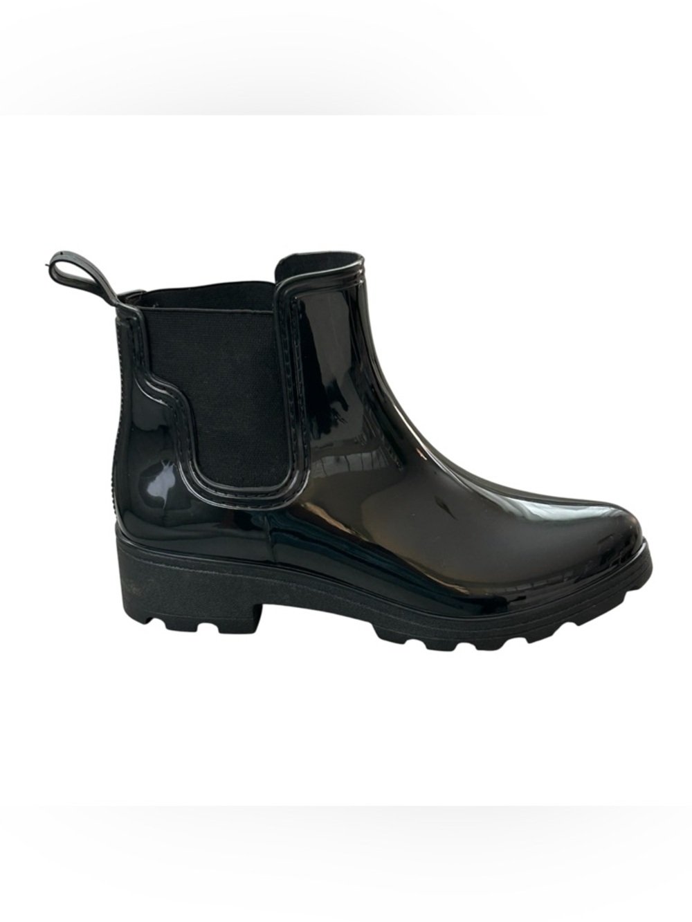 Capelli of New York Black Patent Chelsea Rain Bootie Outdoor Weather Shoes Sz 9